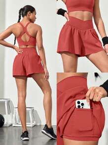 GLOWMODE Crossover Flowy Built-In Shorts 2-In-1 Quick-Dry Shorts Low Impact Breathable Cycling Running Gym Workout Summer - Cosmic Dust Red - View 7