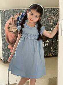 SHEIN Little Byeori Young Girls' Ruffle Trim Round Neck A-Line Sleeveless Dress, Blue Color - Blue - View 8