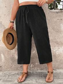 EMERY ROSE Women Plus Size Casual Linen Textured Capri Pants, Comfortable For Spring Summer Country-Style Vacation Baggy - Black - View 4