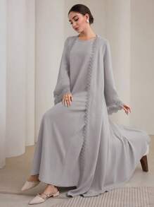 Graceveil 2件套女士传统长裙和阿巴雅外套套装 - 灰色 - 查看 4