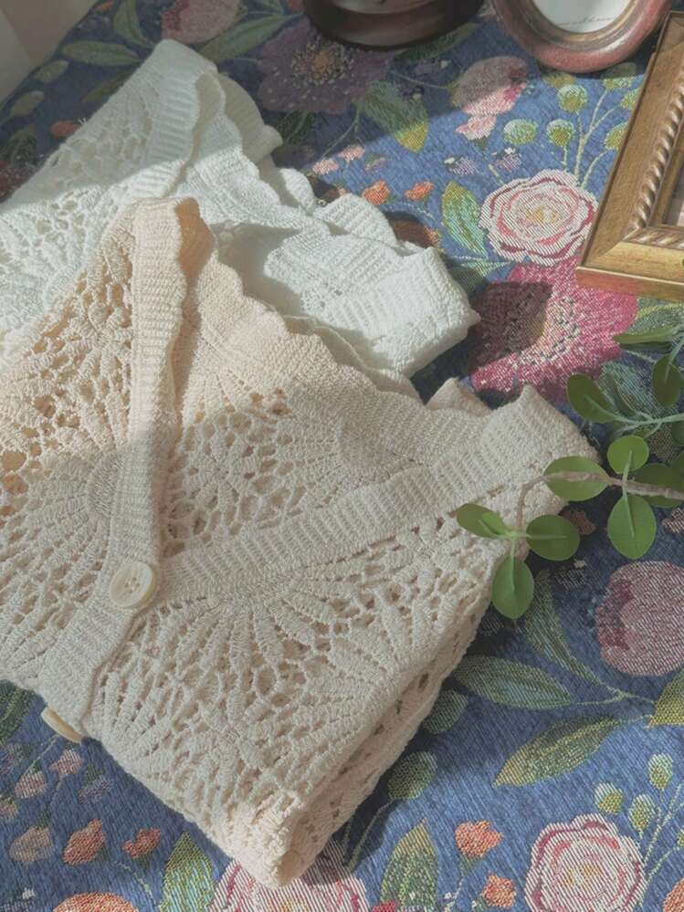 DAZY Women's V-Neck Hollow Knitted Floral Short Sleeve Cardigan - Apricot - View 4