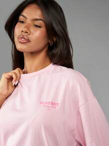 Missguided x Playboy 赛车俱乐部 T 恤复古格子旗图案赛车系列复古 1953 版街头服饰超大休闲夏季节日时尚赛车 - 粉色 - 查看 3