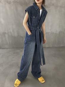 FRIFUL 女式单排扣系带腰口袋休闲牛仔阔腿连体裤 - 藍色 - 查看 5