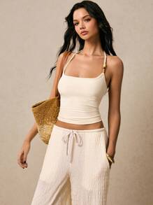 Poéselle Women's Solid Beaded Halter Crop Top, Fashionable And Fitted, Vacation Outfits Woman, Open Back Top, Beach Vacation Outfits, Cute Summer Tops, Going Out Tops, Boho Women's Clothing, European Summer - Apricot - View 3