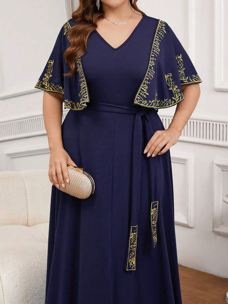 SHEIN Clasi Plus Size Women's Elegant Patchwork Floral Embroidery Ruffle Hem Dress