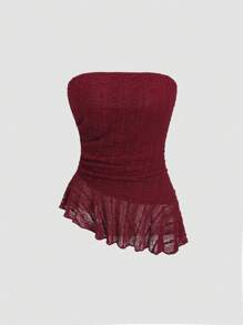 Sweetra Áo ống ren trơn màu đơn giản không đối xứng dành cho nữ - Gỗ đỏ - Xem 1