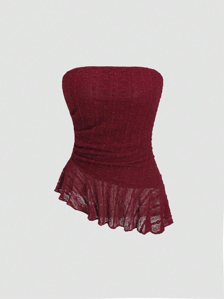 Sweetra Áo ống ren trơn màu đơn giản không đối xứng dành cho nữ - Gỗ đỏ - Xem 1