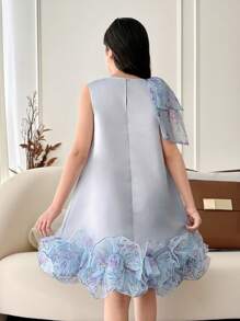 Tween Girls Woven Fitted Round Neck Sleeveless A-Line Dress - Blue - View 7