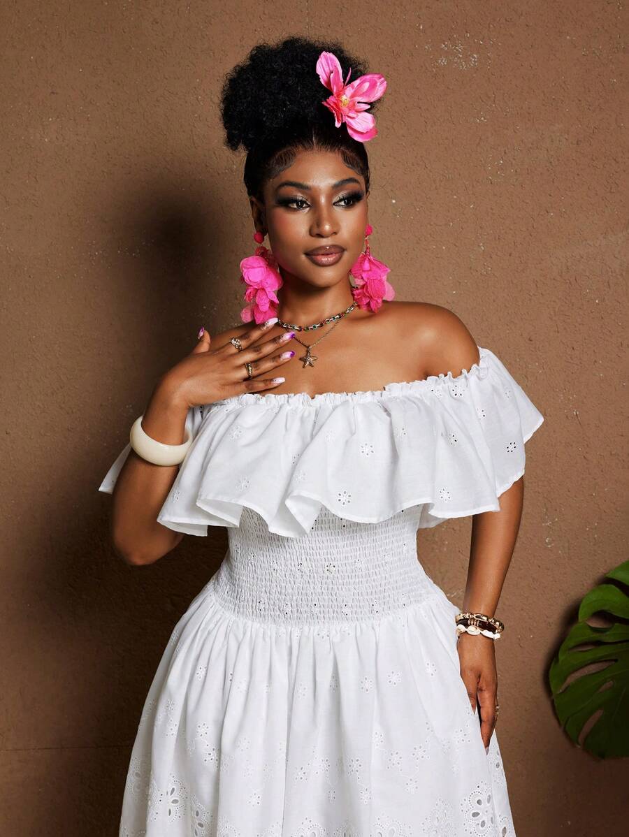 Maweii Plus Size Off Shoulder Ruffle Floral Print Dress, Fashionable For Summer - White - View 1