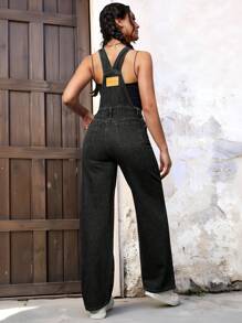 EMERY ROSE Solid Pocket Front Denim Overalls Without Tank Top - Black - View 2
