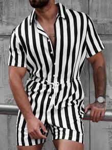 Manfinity Homme Men's Striped Printing Front Button Pocket Short Sleeve Jumpsuit