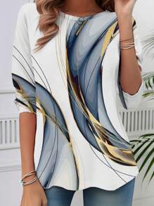 SHEIN Women's Casual Random Print Loose Fit Long Sleeve Round Neck T-Shirt