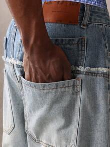 SUMWON 双腰带极限溜冰牛仔裤设计师宽腿宽松风格做旧毛边 Y2K 街头时尚牛仔裤四季休闲装 - 藍色 - 查看 5