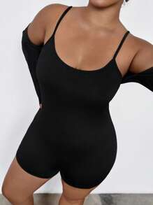 SHEIN EZwear 2 件加大码纯色装饰吊带背心长袖连体衣，夏季时尚 - 黑色 - 查看 5