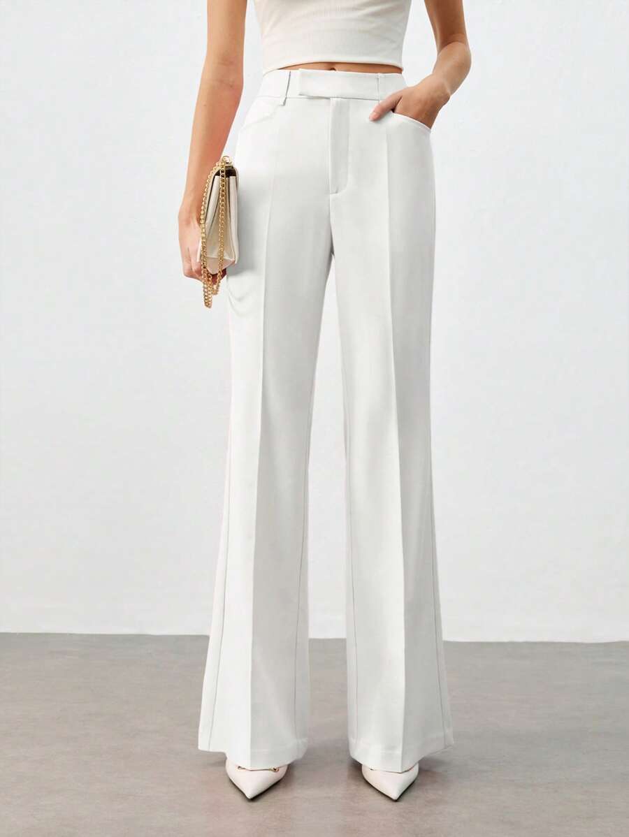 BizChic Women White Front Center Seam Flared Design Pants, Romantic Elegant Everyday Fashion Business Casual Suit, Suitable For Office, Teacher In Fall/Winter