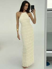 Aloruh Sexy halterjurk met blote rug en gelaagde textuur voor strand/resort, wit, lente/zomer