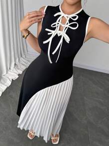 Modelyn 女士撞色系带褶边无袖优雅连衣裙 - 黑與白 - 查看 7