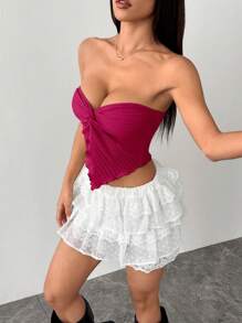 SHEIN PETITE 女装假日鹅黄色针织纹理抹胸中前打结开衩波浪边修身上衣下午茶街头度假秋冬装内外聚会 - 玫紅色 - 查看 3
