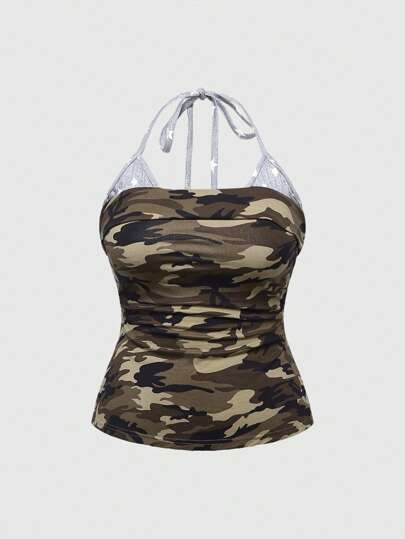 Grunge Punk Top da donna taglie forti con scollo ad aletta, senza maniche, con stampa mimetica, design con spacco e aspetto stratificato, stile punk Y2K