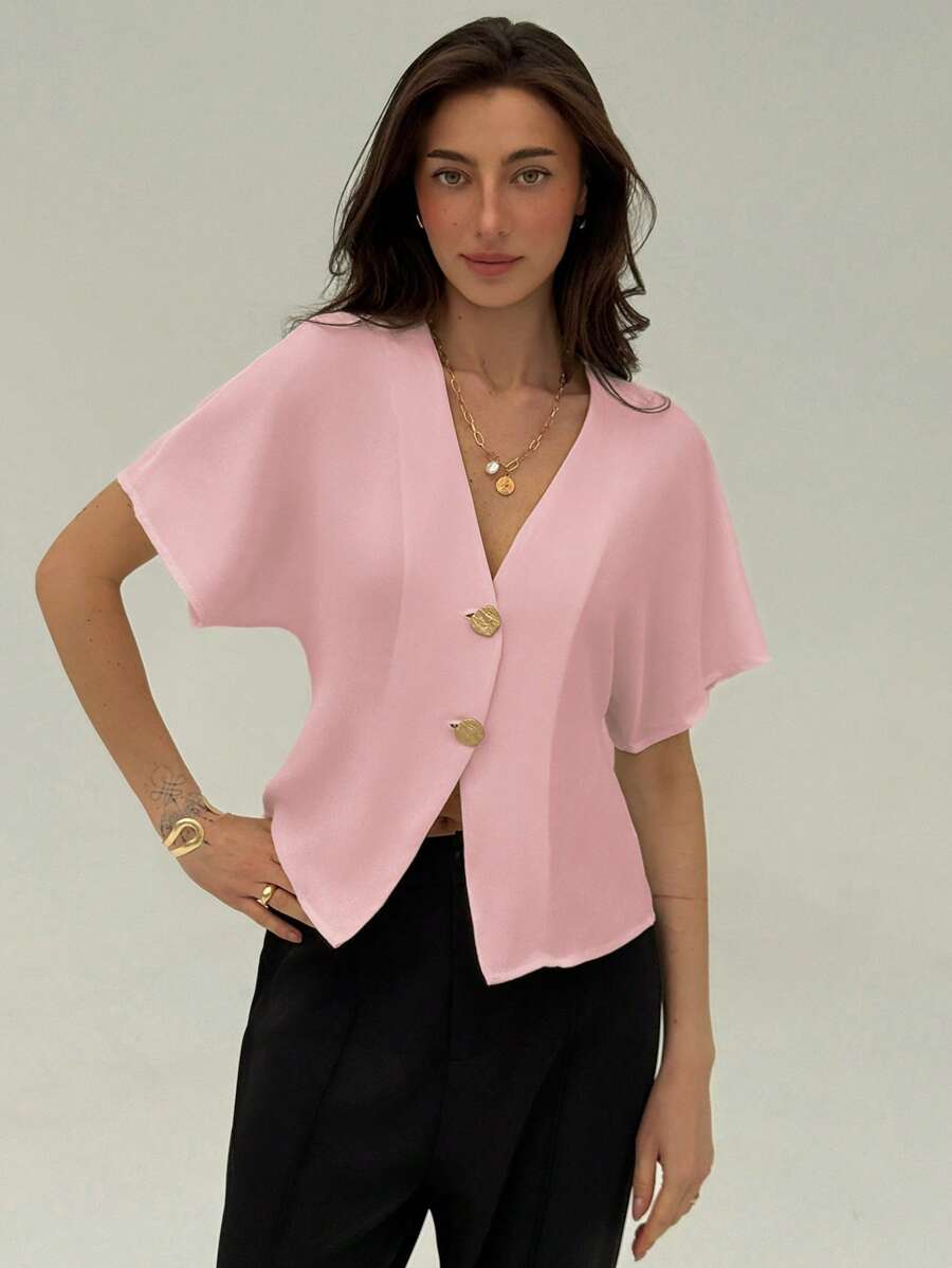 Aloruh Elegant Batwing Sleeve Double-Breasted Button-Up Solid Color Minimalist Shirt Pink - Pink - View 1