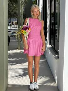SHEIN EZwear Summer Sleeveless Cinched Waist Ruched Mini Dress - Pink - View 5