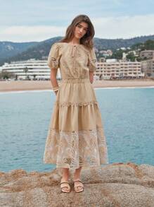 MOTF PREMIUM Besticktes Leinen Patchwork Midi Kleid