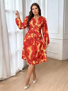 SHEIN Privé Plus Size Women Floral Print Asymmetric Ruffled Hem Dress, Bohemian Elegant Romantic French Style Graduation Dress