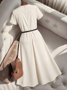 Franclia Color Block Short Sleeve Dress For Women With Belt - Apricot - View 2