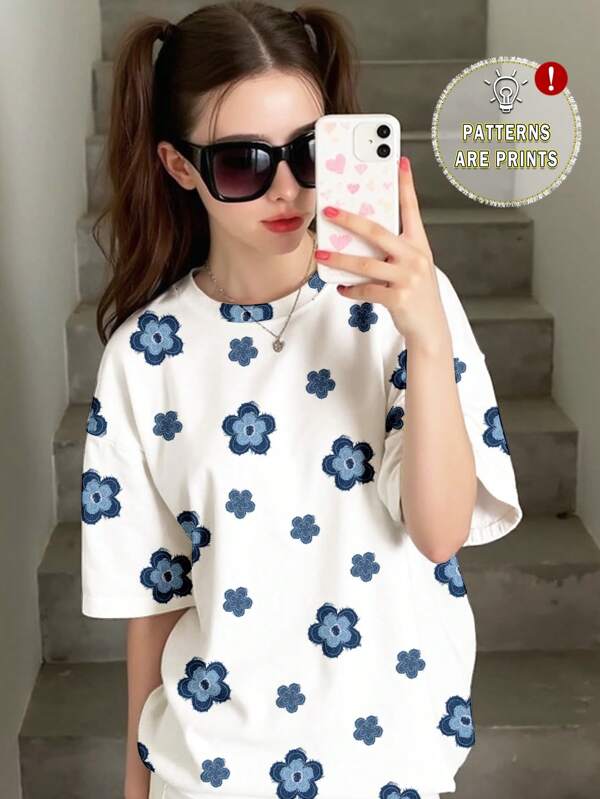 SHEIN تيشيرت كاجوال ناعم مطبوع بزهور مريح للبنات المراهقات، مناسب للصيف
