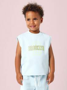 SUMWON 无袖运动套装布鲁克林文字运动服运动运动服休闲夏季慢跑运动两件套 - 淺藍色 - 查看 3