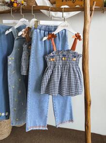 SHEIN Vintaside Kids Girls' Versatile Stylish Checkered Bow Camisole Vest And Fashionable Casual Long Jeans Set, Suitable For Outings, Vacations, Family Gatherings, Shopping, And Daily Wear - Multicolor - View 16