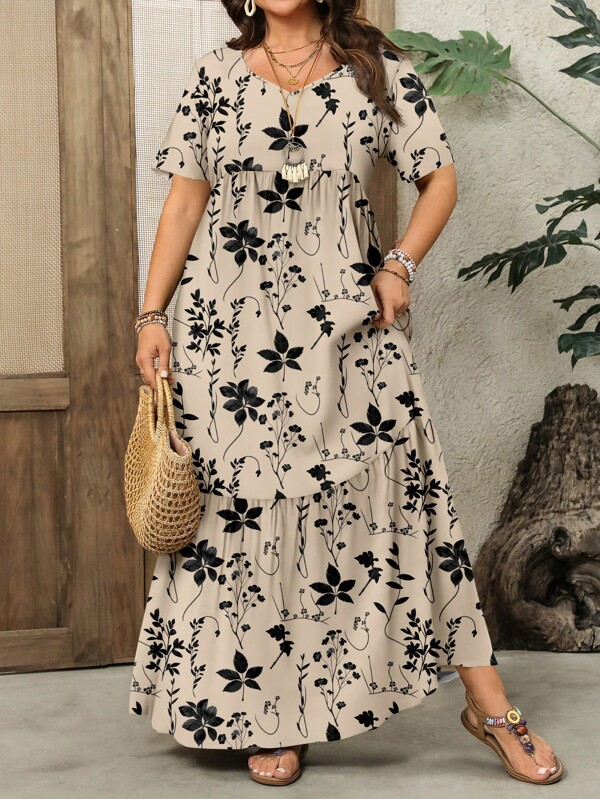 EMERY ROSE Rochie de vacanță de vară, lejeră, minimalistă, kaki, frunze de arțar și flori, cu decolteu în V, cu mâneci scurte