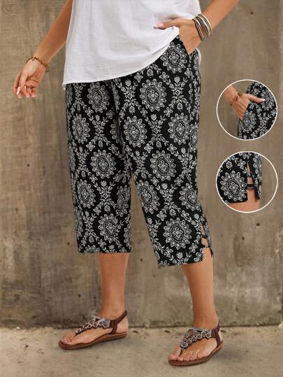 EMERY ROSE 大码休闲全印花锥形裤，乡村休闲度假女装，简约时尚日常穿着，女式夏季上衣，女式夏季服装