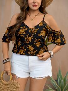 SHEIN LUNE Plus Size Vacation Casual Floral Print Open Shoulder Camisole