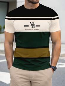 Manfinity Homme 简约条纹拼色全身印花男式休闲短袖T恤 - 彩色 - 查看 1