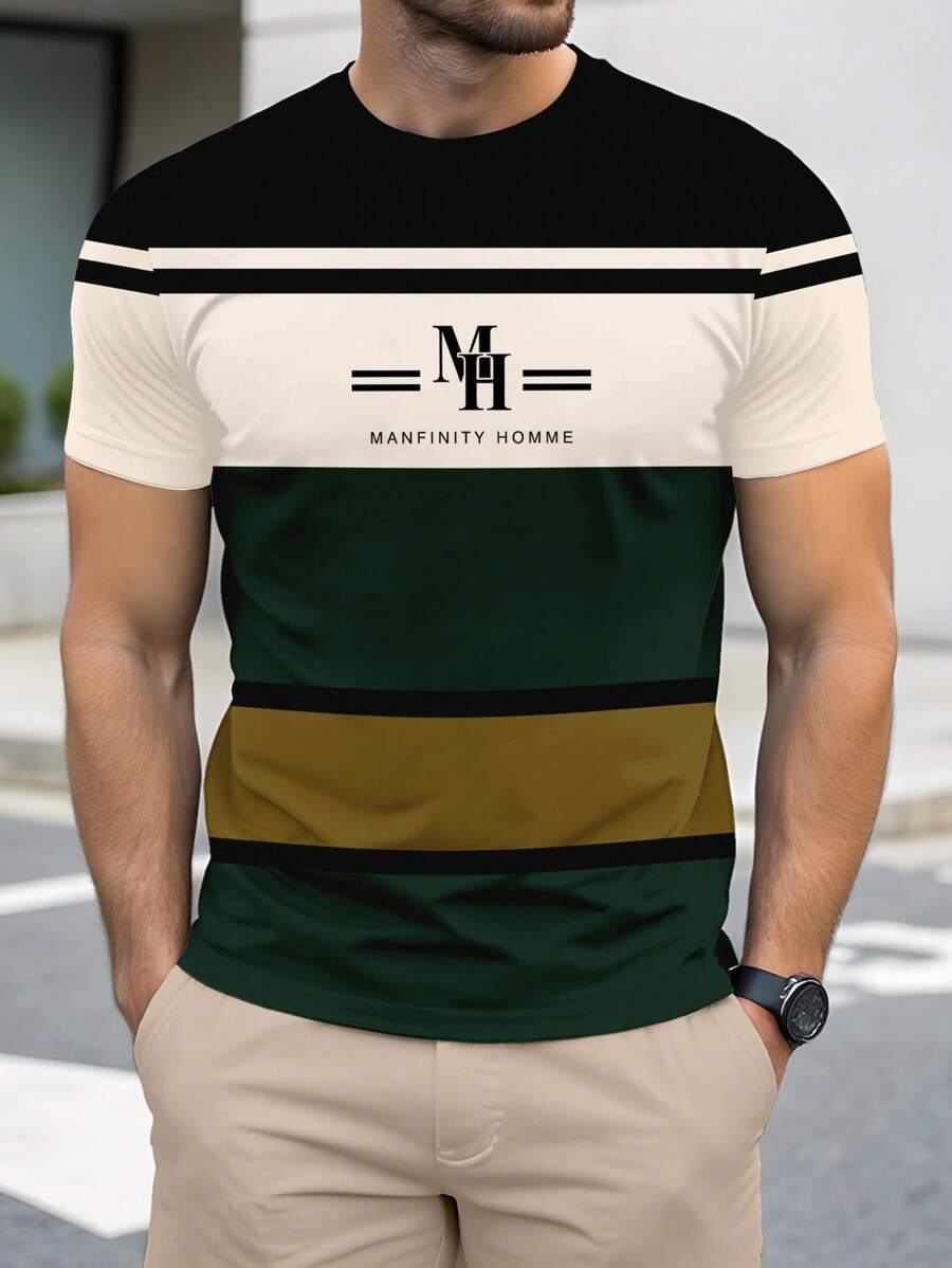 Manfinity Homme 简约条纹拼色全身印花男式休闲短袖T恤 - 彩色 - 查看 1