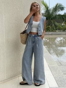 Livesso Women Denim Two Pieces Outfits,Back To School Clothes - Medium Wash - View 1