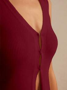 Poéselle 女士夏季休闲纯色针织背心 - 酒紅色 - 查看 5