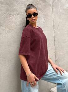Muchica Wine Red Knitted Women's Vintage Casual Loose T-Shirt - Burgundy - View 4