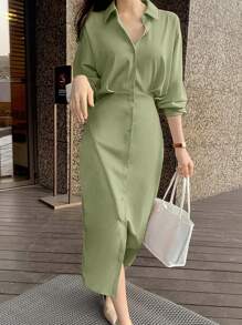 Women's Solid Color Long Sleeve Single-Breasted Casual Shirt Dress