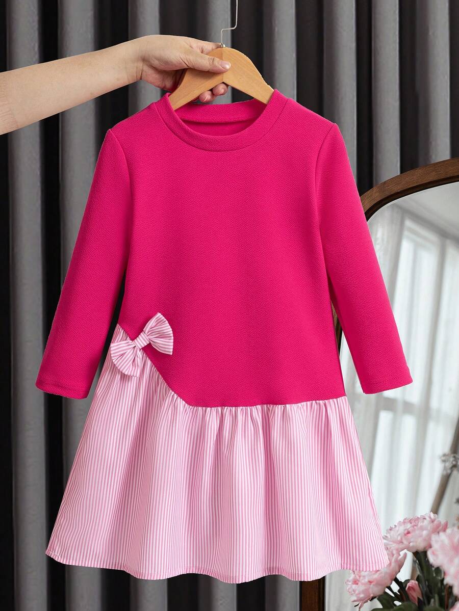 Genkimix Kids Girl's Casual Patchwork Striped Bow Decor Dress Fall Winter - Hot Pink - View 1