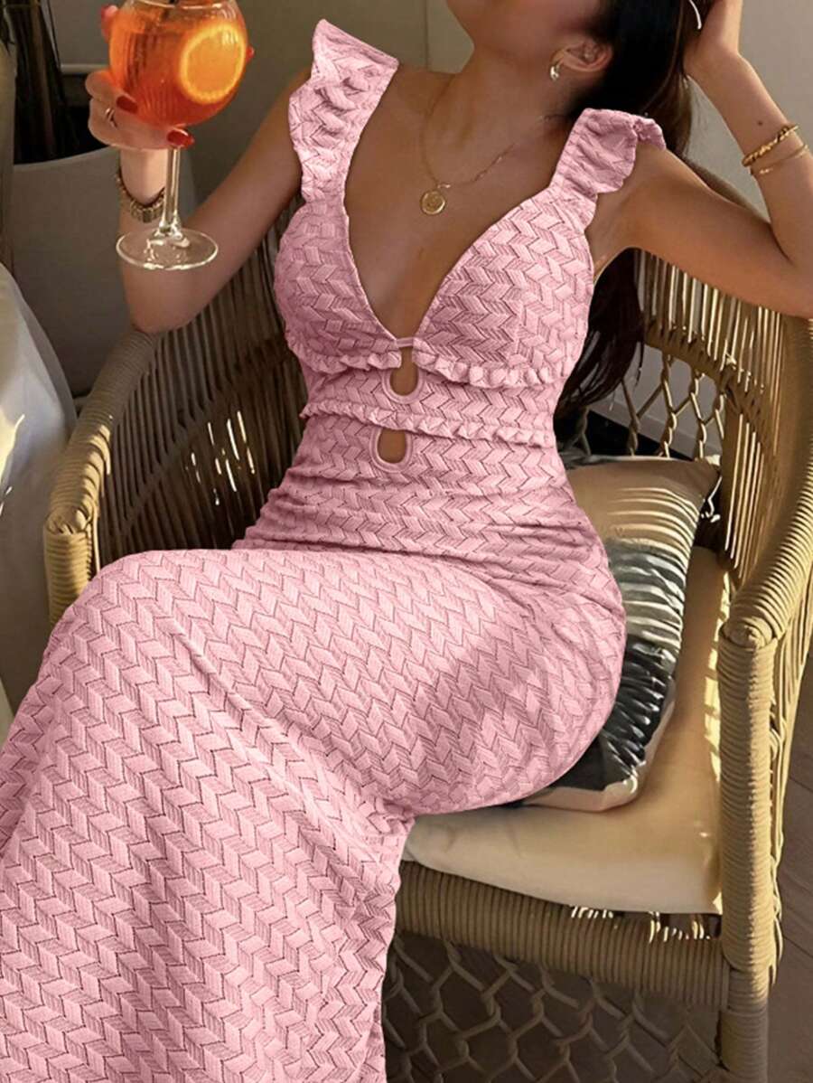 Breezaya Damen einfarbiges Strickkleid mit V-Ausschnitt, Flügelärmel