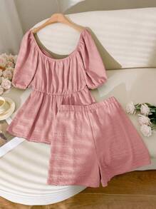 CosyJoli 2pcs Plus Size Solid Color Short Sleeve Top And Shorts Set, Minimalist Fashion Summer Outfit - Dusty Pink - View 6