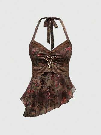 Hippie Top halter con estampado de paisley, volantes y encaje, asimétrico, de estilo vintage hippie y retro para mujer