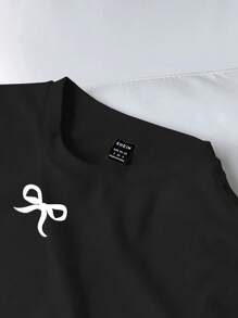 SHEIN EZwear Casual Short Bowknot Print Round Neck Short Sleeve Fitted Women T-Shirt, Suitable For Spring And Autumn Suitable For Going Out - Black - View 5