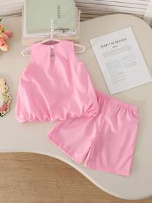 SHEIN Elladie kids 2 sztuki/zestaw dla młodych dziewcząt: elegancki top bez rękawów z kokardą i luźne szorty - Różowy - Zobacz 2