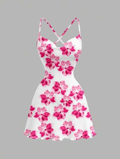 SHEIN MOD Women's Casual Floral Print Knitted Mini Dress With Criss-Cross Spaghetti Straps And Lettuce Trim Detail Suitable For Going Out Chic Dress
