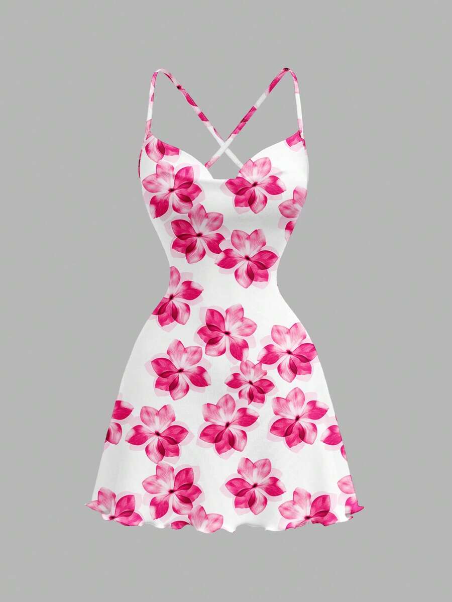 SHEIN MOD Women's Casual Floral Print Knitted Mini Dress With Criss-Cross Spaghetti Straps And Lettuce Trim Detail Suitable For Going Out Chic Dress - Multicolor - View 1