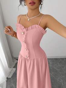 Elenzga Abito elegante e casual da indossare tutti i giorni, in stile europeo e americano, con spalline a spaghetti e balza sul fondo, arricciature in vita e decorazione in metallo, adatto per uscite, appuntamenti, vacanze, pendolarismo e altre occasioni, ideale per la fotografia