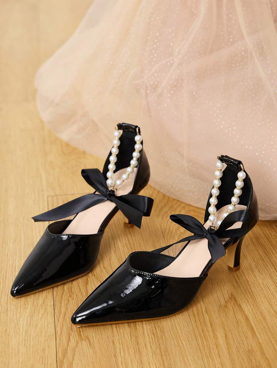CUCCOO HITCHD Women's Pearl Ribbon Chain Ankle Tie Pointed Toe Stiletto High Heel Shoes, Sweet And Elegant, Classic Black Patent PU Leather Hollow-Out Pumps For Wedding, Bridesmaid, Princess, Party, Prom - Black - View 1